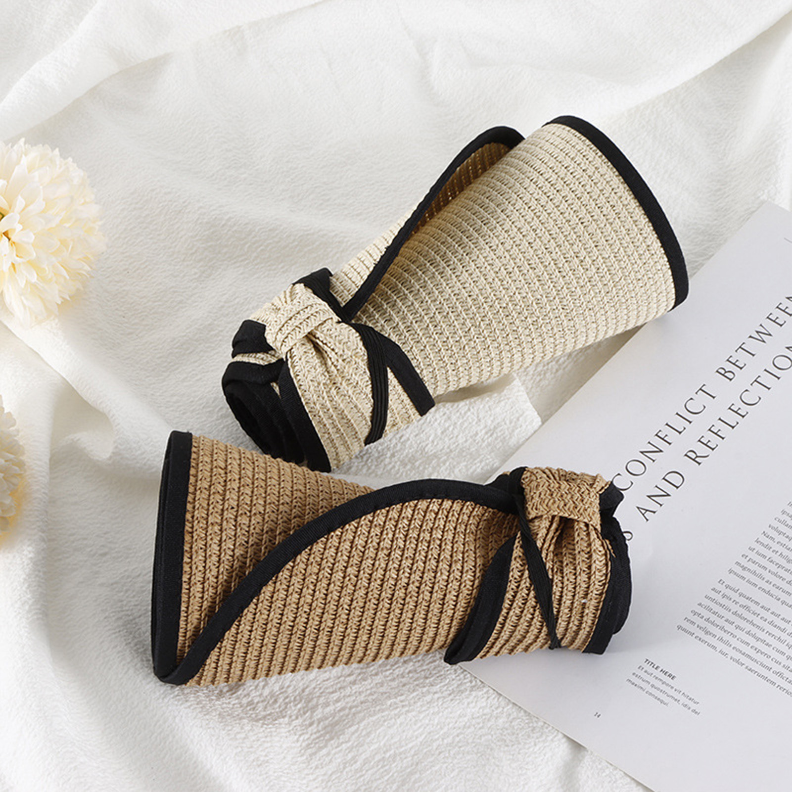Chapeau de soleil de plage d'été pour femmes, chapeau de paille pliable et Portable à large bord, à la mode, en forme d'arc, haut creux, chapeaux seau pour filles