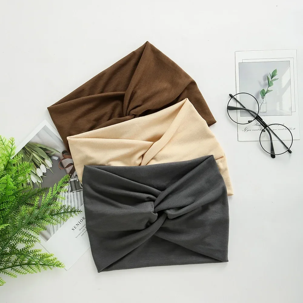 Bandeau large coréen en tricot à nœud croisé pour femme, bandeau uni élastique pour le sport et le yoga, accessoire pour cheveux de fille.