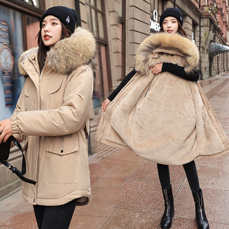 Manteaux Parkas à capuche pour femmes, vestes mi-longue surdimensionnées, col en fourrure solide, fermeture éclair, cordon de serrage, ample, élégant, décontracté, automne hiver 2025