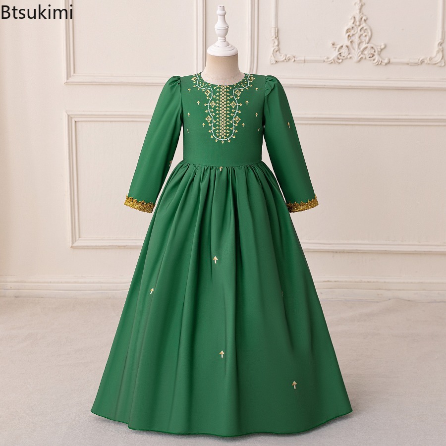 Robes pour filles de Dubaï du Moyen-Orient, mode musulmane, broderie Abayas, dentelle arabe, paillettes, manches longues, robes pour enfants, robes du Ramadan