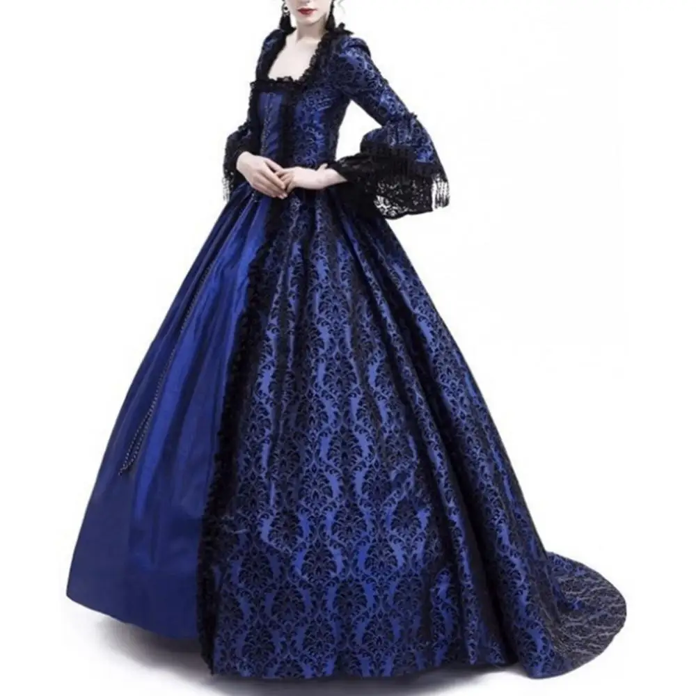 Robe longue vintage médiévale gothique pour femme, col carré, manches évasées, patchwork de dentelle, robe moulante