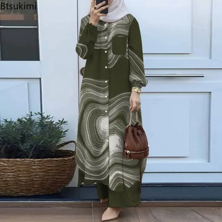 Chemisier et pantalon à imprimé floral pour femmes musulmanes, ensembles assortis, décontracté, élégant, vintage, ramadan, mode féminine, Eid Mubarek, trempé