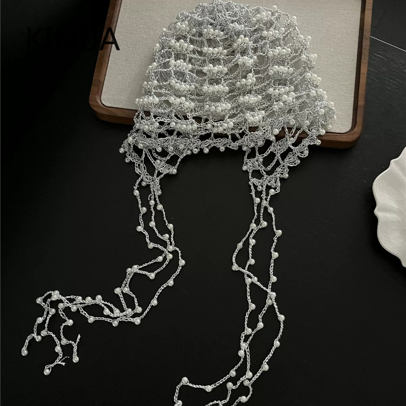 Élégant Bonnet Turban Creux pour Femme, Fait Main avec Chaîne Métallique et Pompon de Perles, Style Niche Tendance, Chapeau Foulard Polyvalent à Enfiler