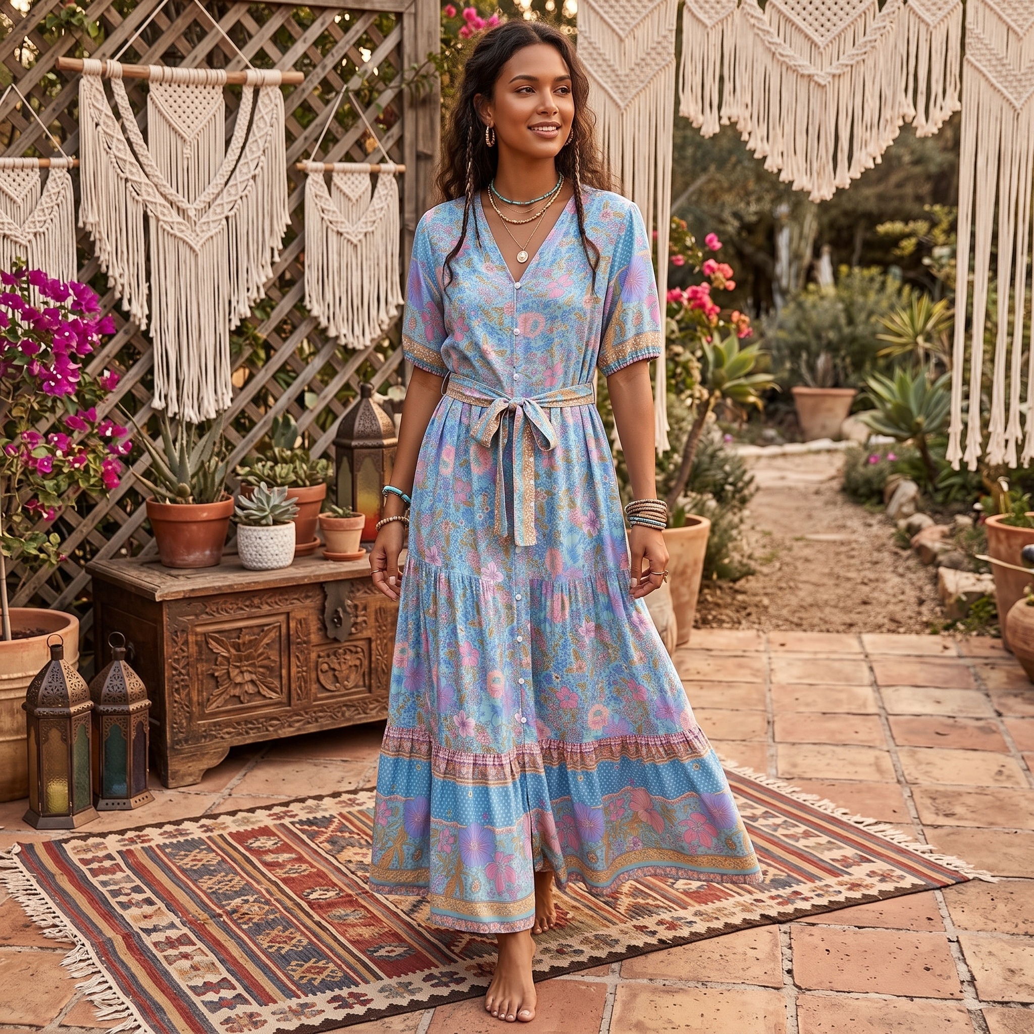 Robe longue à lacets pour femmes, style Boho, imprimé Floral, boutons, style bohème, manches courtes, été