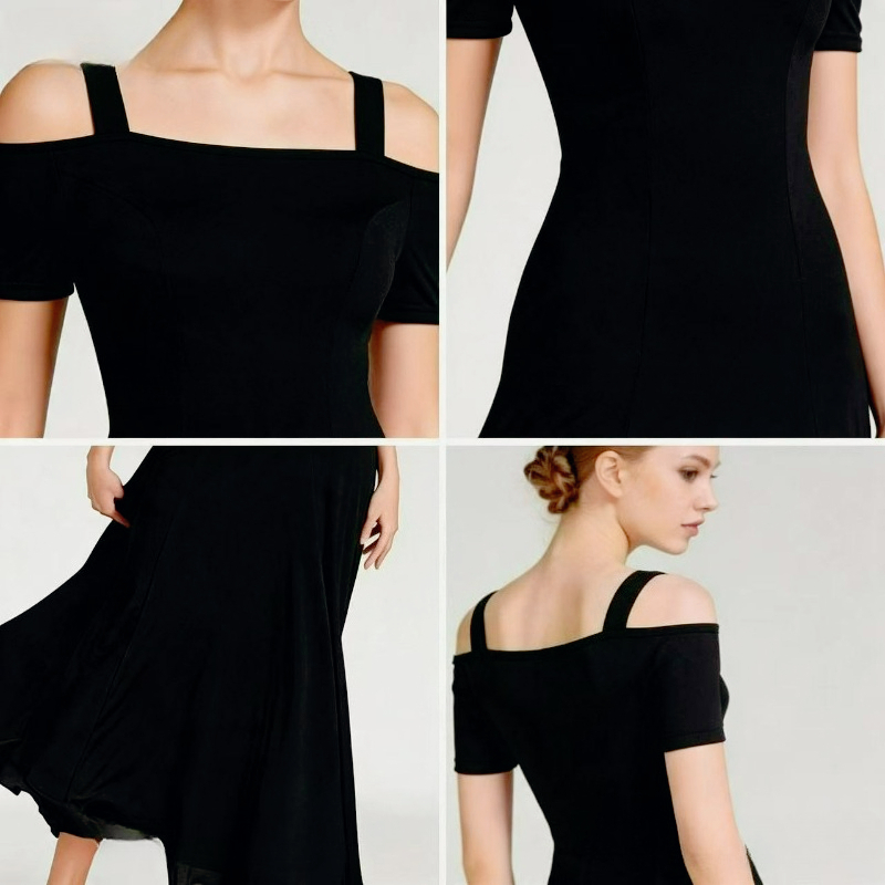 Robe de danse longue pour femme, à bretelles, manches courtes, jupe midi, pour Salsa, Danse Standard, Danse Moderne, Danse Swing, Spectacle, Soirée et Fête
