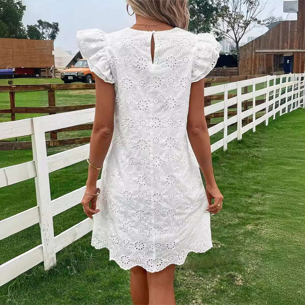 Mini jupe brodée à col rond pour femmes, robe blanche en fibre, dentelle confortable, élégante, décontractée, été