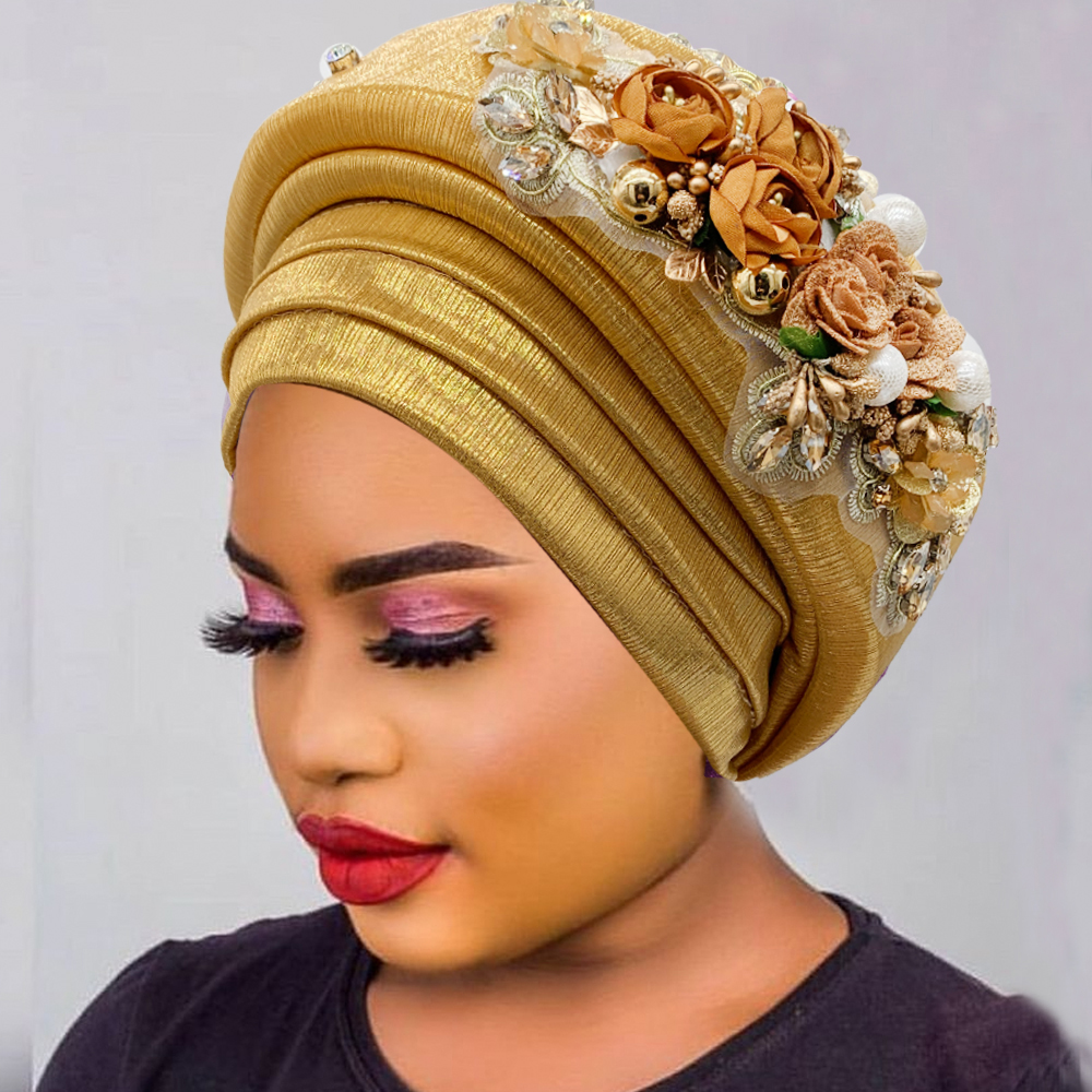 Turban Nigérian pour Mariage Traditionnel pour Femme, Cravate de Sauna Africain, Bouquet Exquis, Déjà Fait, Bonnet