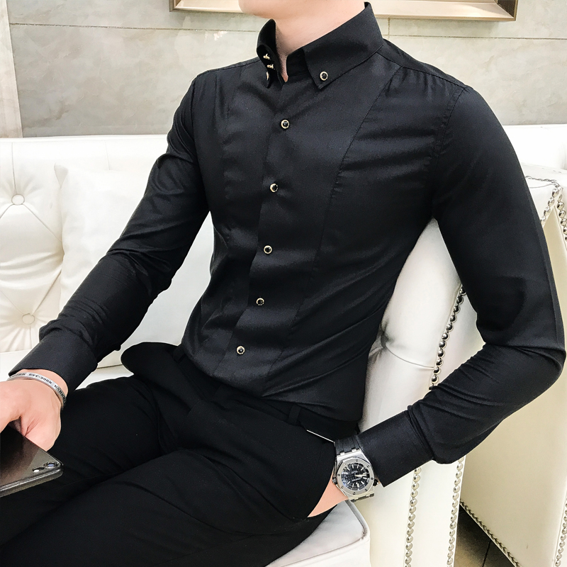 Chemises pour hommes de luxe flambant neuf à manches longues chemises élégantes pour hommes vêtements coupe ajustée décontracté hommes chemises habillées formelles noir/blanc