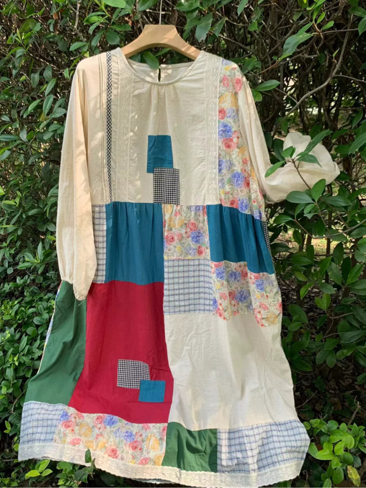 SHENGPALAE Robes Femme Patchwork Maxi Ample Vintage Bohème Manches Longues Poches Décontracté Artistique Surdimensionné Automne 2026 Nouveau
