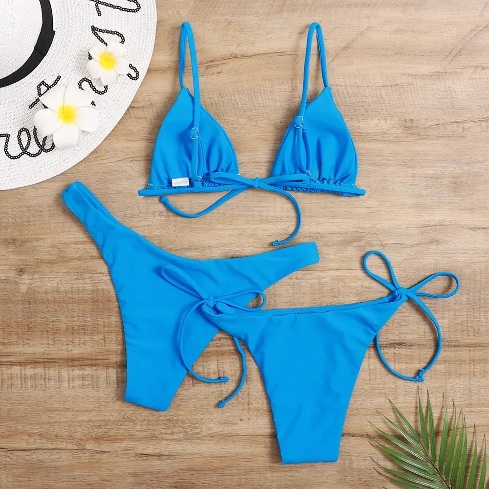 Ensemble bikini 3 pièces sexy pour femme – Maillot de bain triangle bandeau push up en bleu et violet, vêtements de plage brésiliens