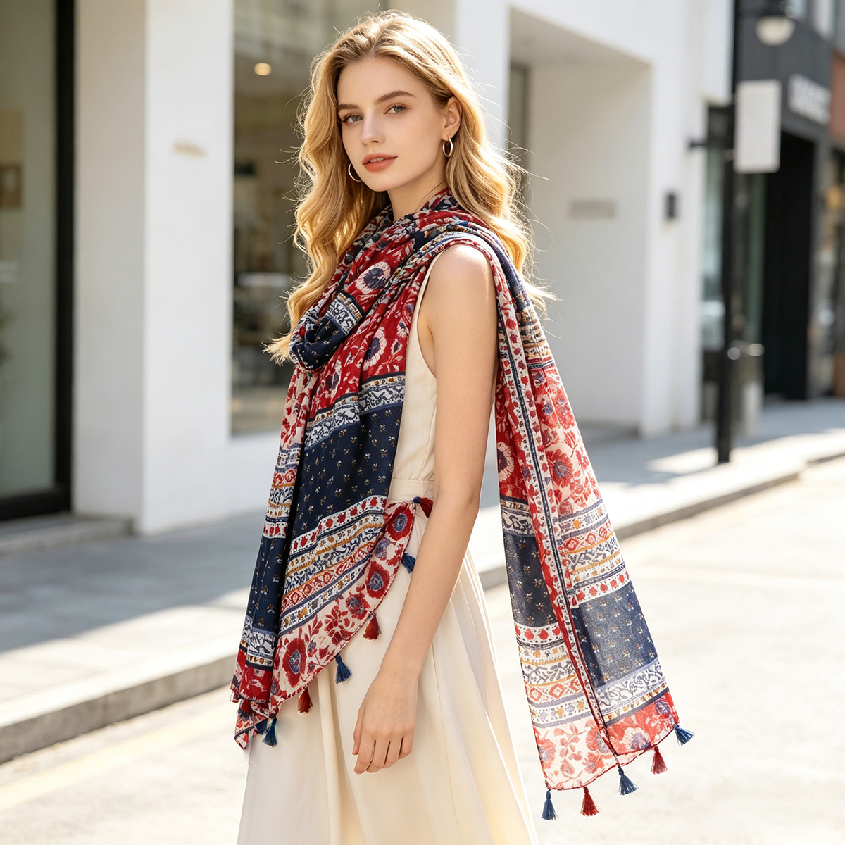 Écharpe bohème à imprimé floral pour femmes avec pompons, châle ethnique léger, 180x88cm, foulard tendance pour tenues décontractées quotidiennes