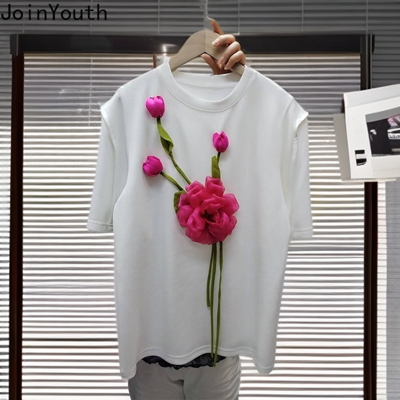 Chic 3D Floral t-shirts pour femmes 2025 Ropa Mujer à manches courtes col rond Camisetas t-shirts d'été décontracté doux ample blanc T-shirt