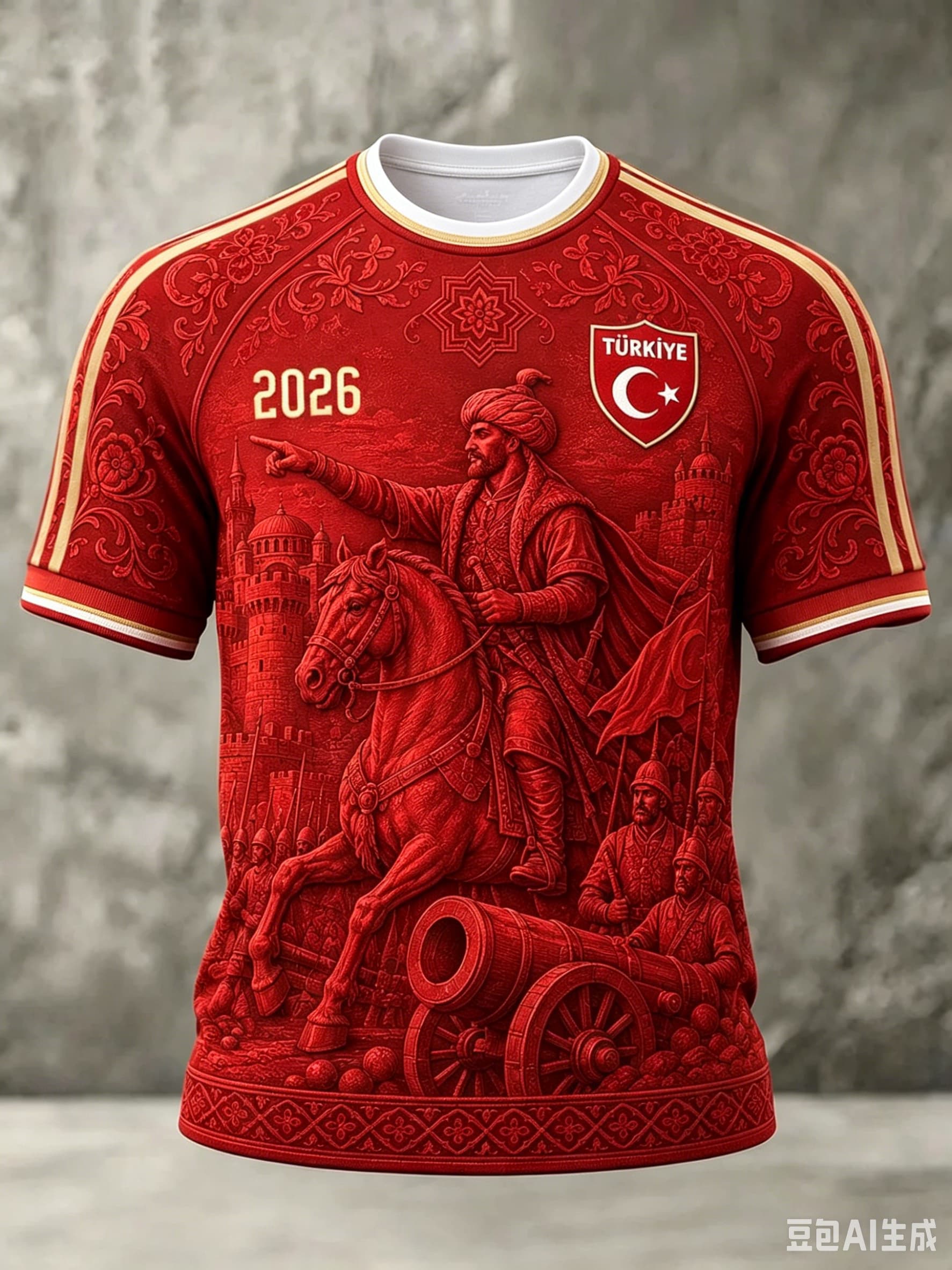 Maillot de football Turquie 2026 Rouge à imprimé floral Paisley, motif croissant et étoile TÜRKIYE, T-shirt à manches courtes pour supporters turcs