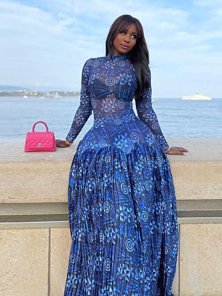 Robe bleu Royal pour femmes, col roulé, taille haute, transparente, légère, longue, avec manches, Streetwear, robe Maxi plissée