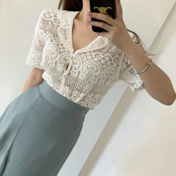 Chemisier en dentelle brodée transparente, hauts à manches courtes, cardigan boutonné sur le devant, tenue d'été bohème pour femmes