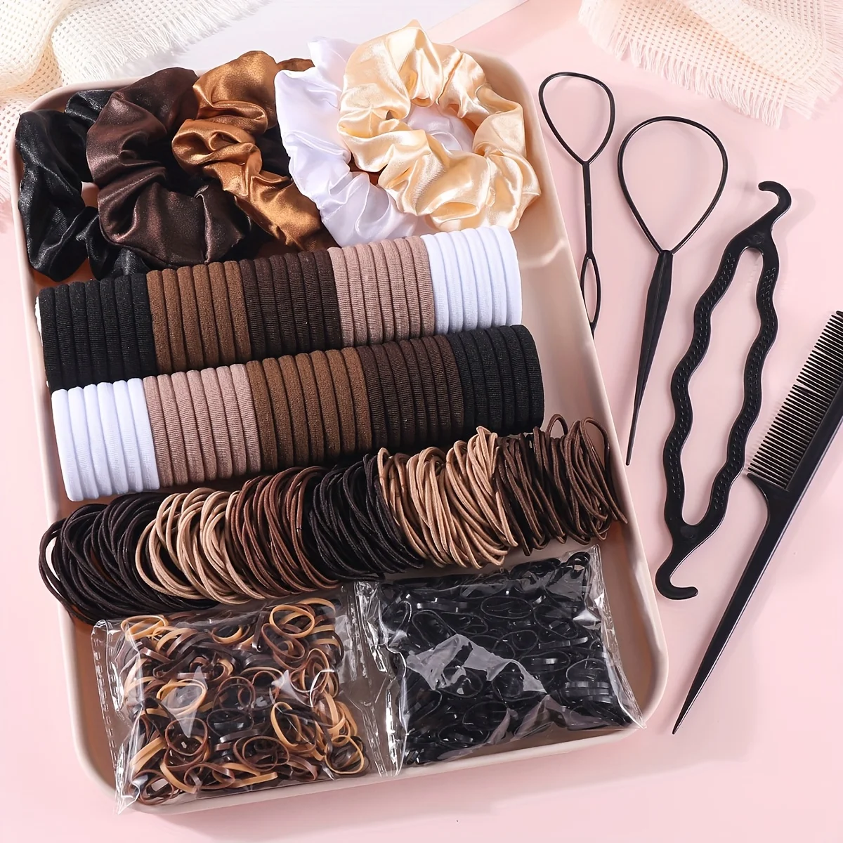 Ensemble d'accessoires pour cheveux foncés pour femmes : Chouchous élastiques sans couture pour queue de cheval, petits élastiques à cheveux, attaches à cheveux tendance et bandeaux