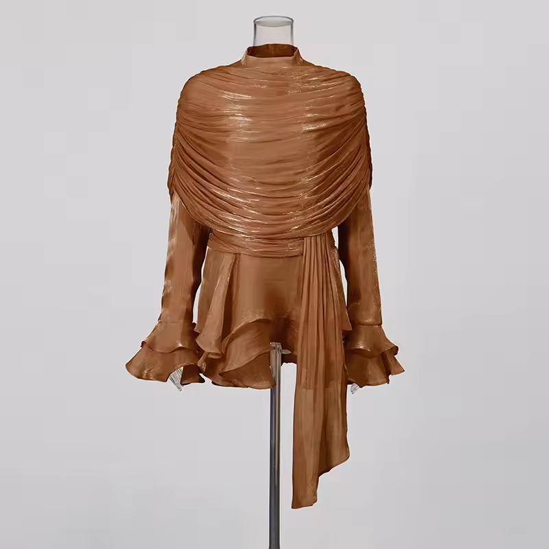GALCAUR Robe unie ample à volants pour femme, col rond, manches longues, patchwork, fermeture éclair, robes élégantes, nouvelle collection mode féminine
