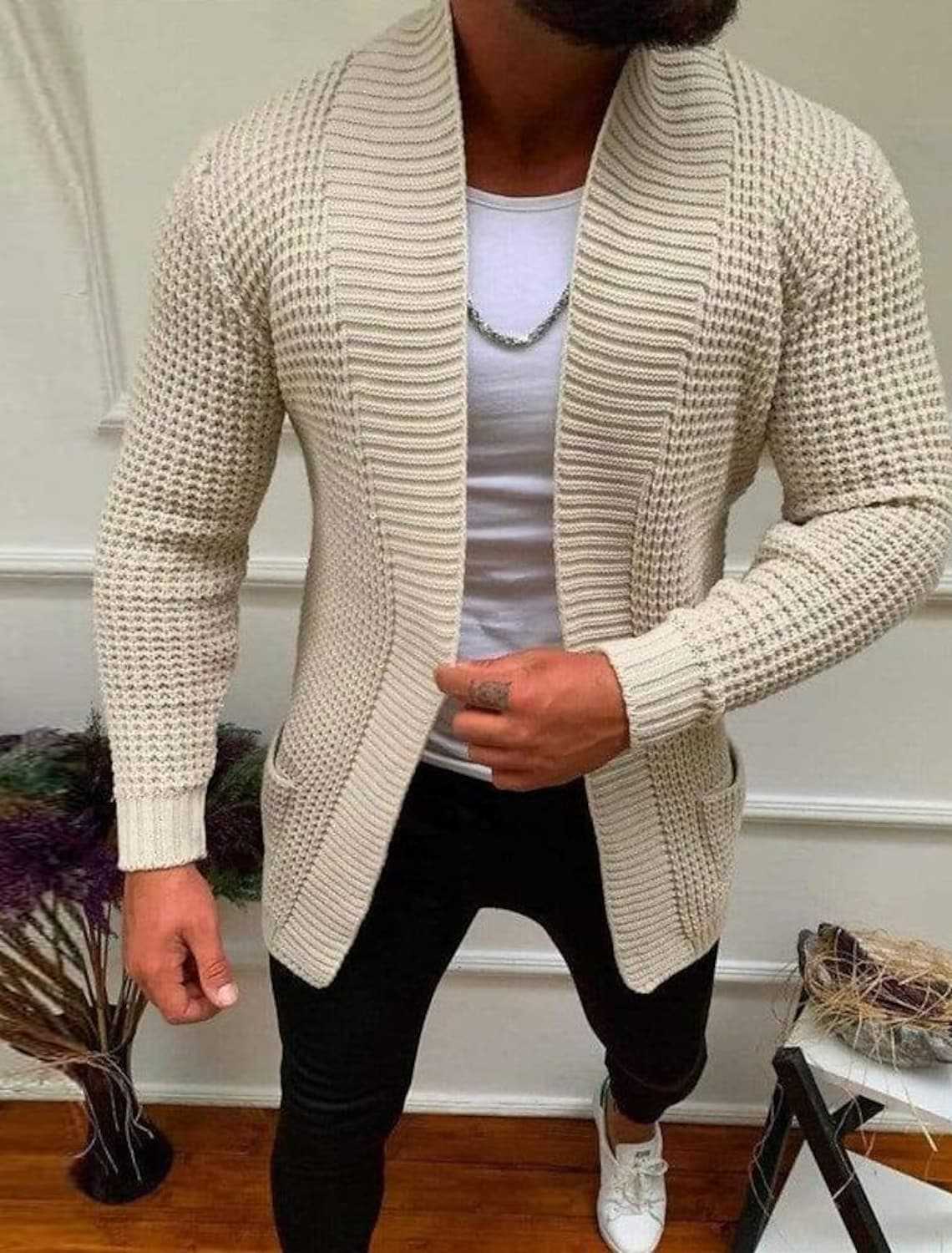 Nouveaux vêtements pour hommes mode décontracté à manches longues revers tricoté pull hommes vêtements d'extérieur