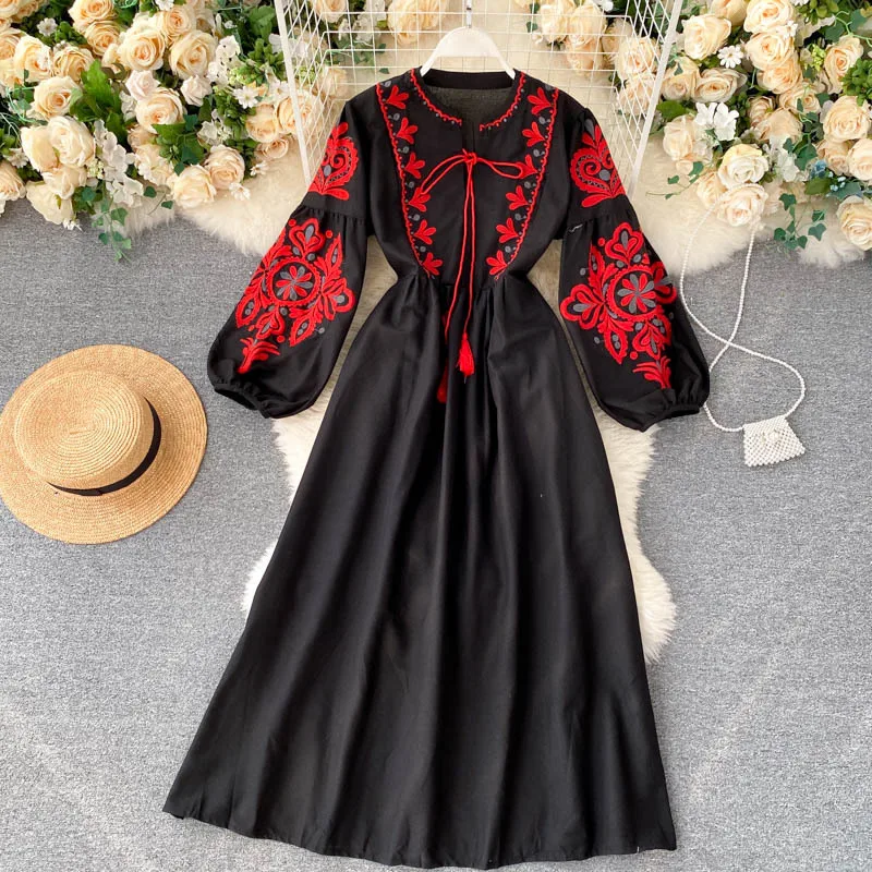 Robe brodée bohème pour femmes, Boho, fleur, col rond, manches longues lanterne, taille haute, coton, blanc, printemps
