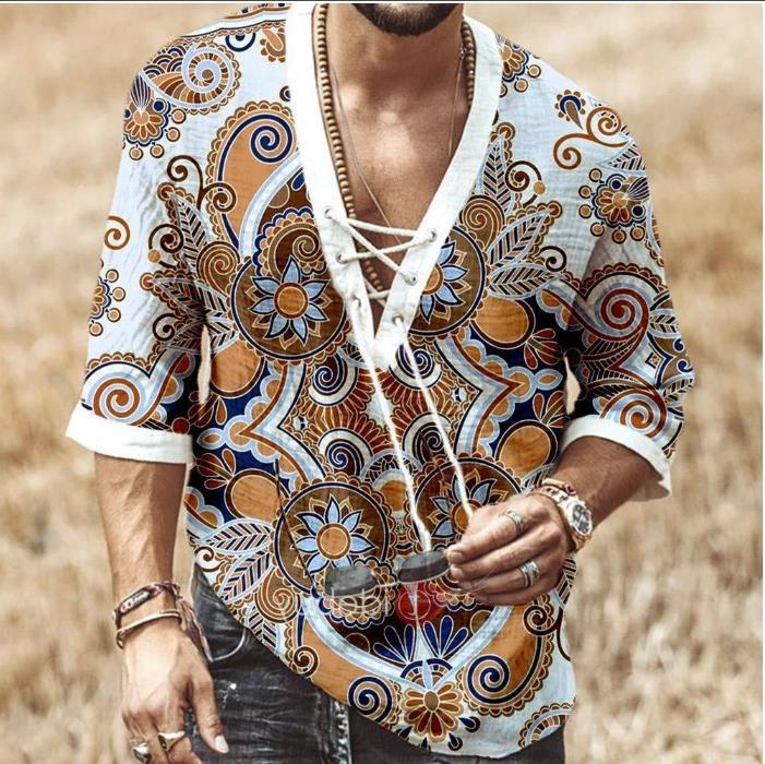 Costume Hippie rétro des années 60 et 70 pour hommes, T-shirt imprimé avec cordon de serrage, tenue de Cosplay, fête d'halloween, Disco, vêtements amusants, jeu de rôle
