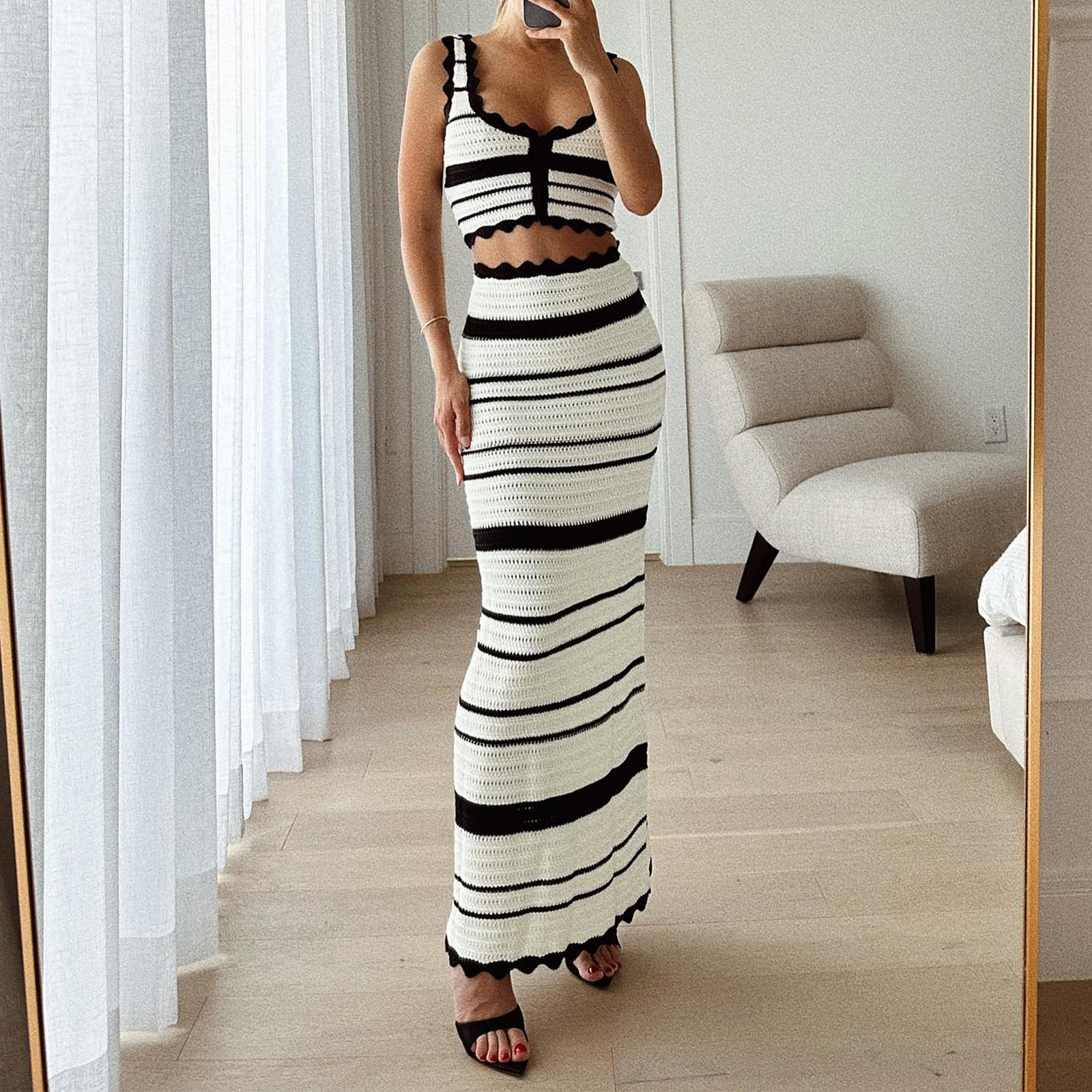 Ensemble Jupe et Haut à Rayures pour Femme, Tenue Élégante, Fermeture à lèvent, Précieux, Taille Haute, Maxi, Chic, Trempé, Été, 2 Pièces