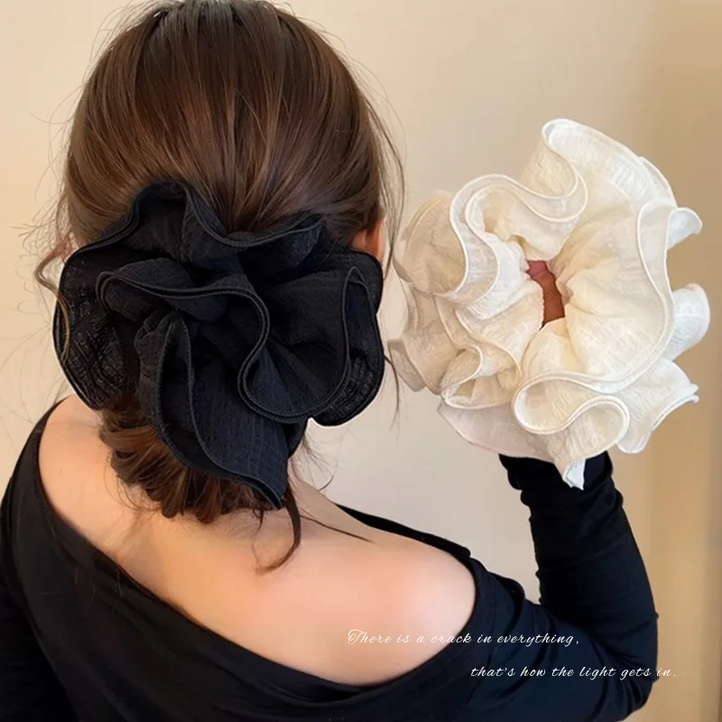 Grands attaches de cheveux pliées à volants de Style coréen pour femmes, nouvelles bandes de cheveux à sensation de mode 2025, accessoires de cheveux à fleurs très grandes têtes