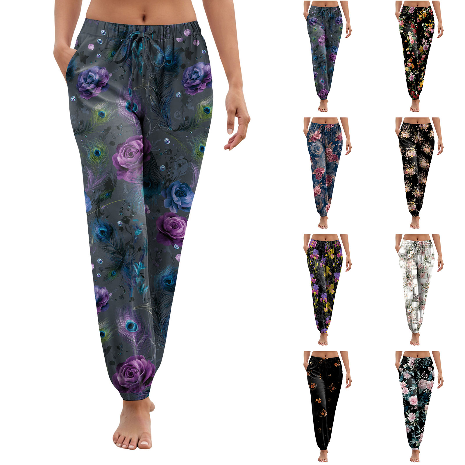 Pantalon de plage bohème à fleurs pour femmes, léger, décontracté, style harem, taille haute, avec poches, pour les vacances, pantalon long