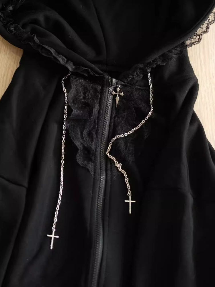 Sweat à capuche ample en dentelle noire pour femme, sous-culture gothique, esthétique, joli manteau à capuche à manches longues, décontracté, chaud, pardessus d'hiver, automne