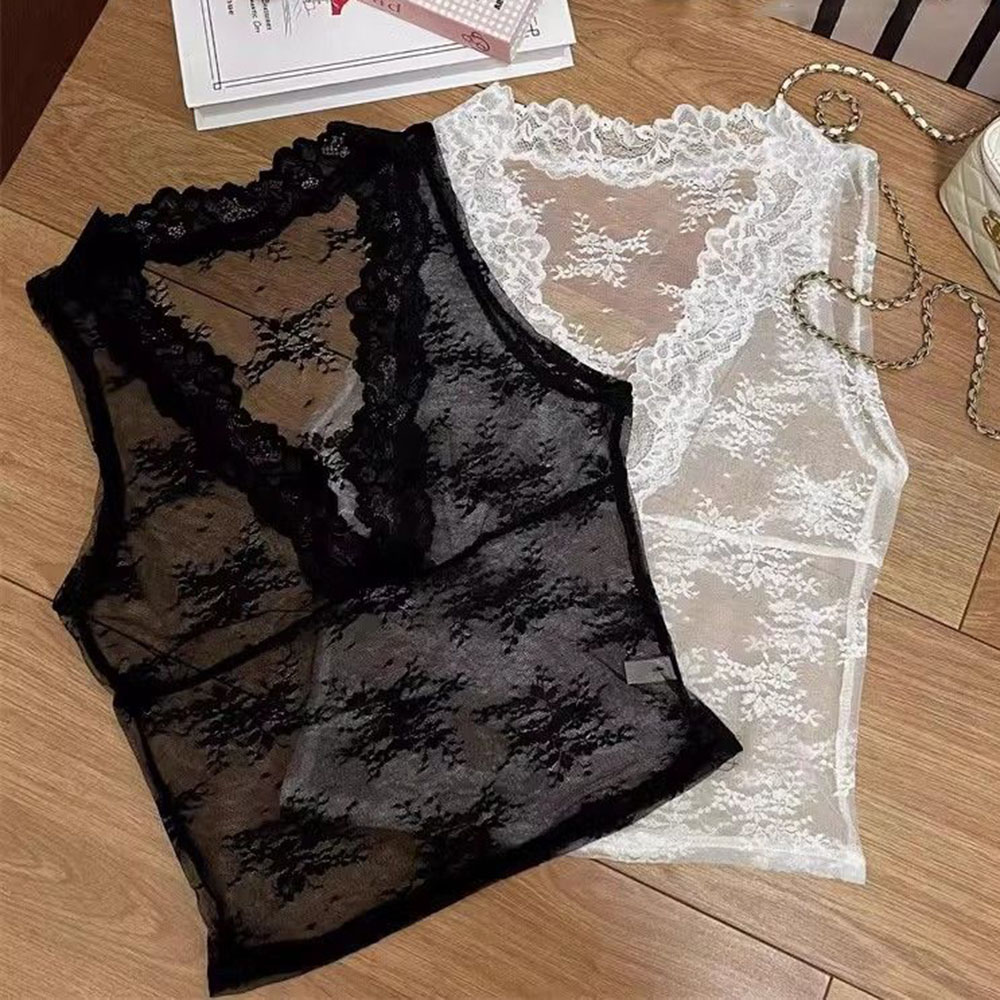 Nouveaux débardeurs en dentelle pour femmes, débardeur d'été sexy, camisole transparente en dentelle florale, crop top transparent, t-shirts sans manches Y2K