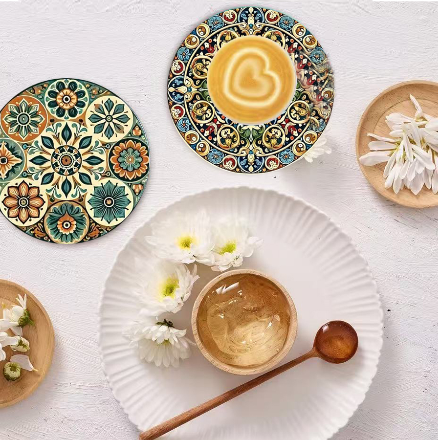 Lot de 8 sous-verres marocains Mandorla 2D en bois, marqueurs de boissons circulaires artistiques pour café, thé, décoration de table à manger à la maison