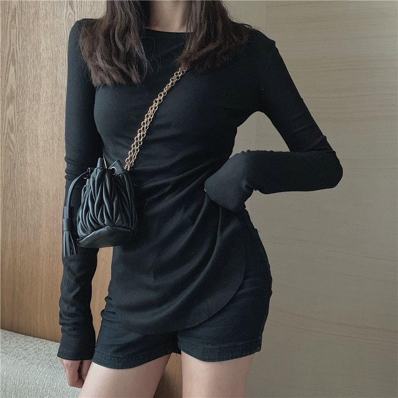 T-shirt manches longues pour femmes, ourlet fendu, Slim, simplicité, rue, décontracté, tendance, solide, basique, coréen, mode douce, vêtements pour femmes