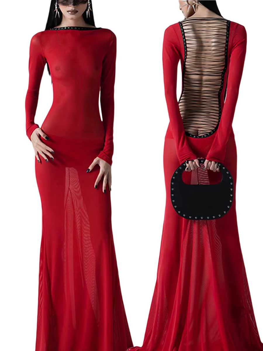 Robe noire en dentelle transparente à manches longues pour femmes, robe de soirée Sexy, longueur au sol, Slim, robes de soirée, de boîte de nuit, robe de noël rouge