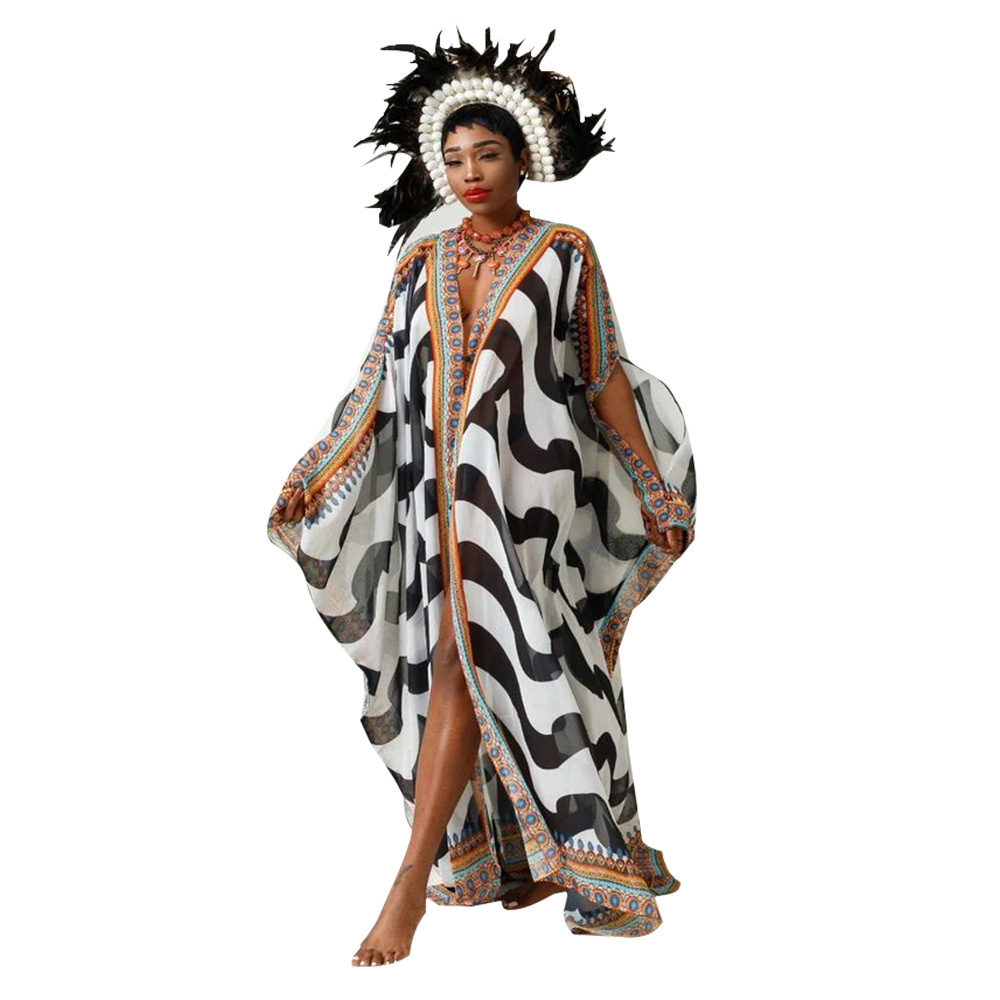 Robes Africaines Transparentes en Mousseline de Soie pour Femme, Sexy, Col en V, Imprimé Bohème, Maxi, Kimono Africain, Bikini, Vêtements de Plage, Vacances
