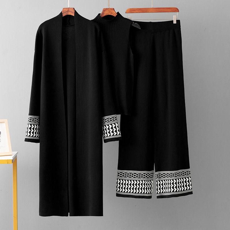Costume Eid pour femmes, Cardigan, pull, gilet, pantalon à jambes larges, ensemble musulman 3 pièces, manteau en tricot, pantalon, tenues en tricot marocain dubaï