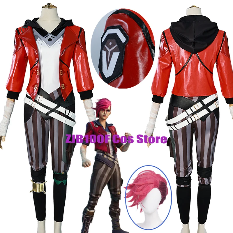 Vi Cosplay jeu LOL Arcane Costume Piltover Enforcer tenue Vi uniforme rouge perruque Costume Halloween carnaval jeu de rôle accessoires femme