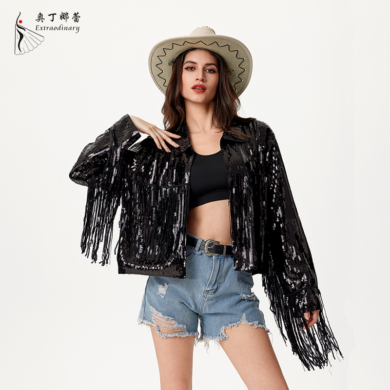 Veste à Paillettes à Manches sulfpour Femme, Punk, Pampille Scintillante, Revers, Ouvert sur le Devant, Blazer Gothique, Fille, CombY2K