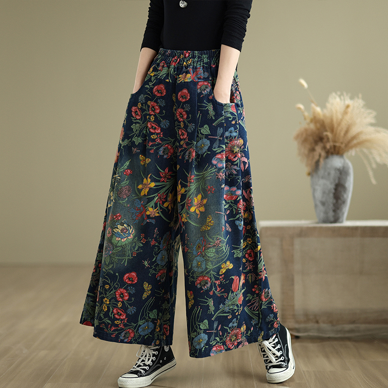 Jean à jambes larges imprimé ethnique et rétro pour femme, nouveau Style, taille élastique, coupe ample, pantalon en Denim polyvalent, décontracté, automne hiver