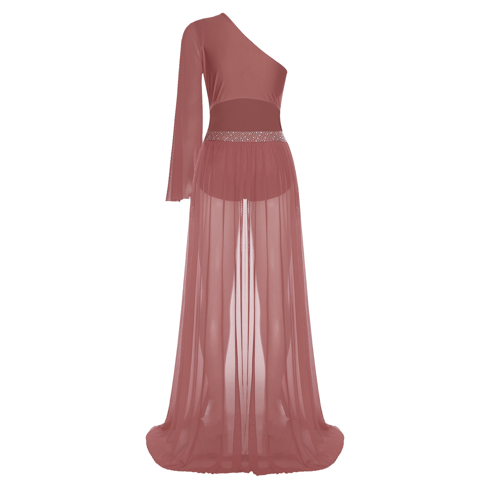 Robe de danse de salon de ballet lyrique pour femmes, justaucorps à manches évasées, costume de batterie, jupes en maille fendue fluide, robe maxi