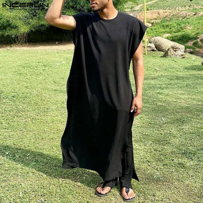 INCERUN hommes ensembles vêtements musulmans arabie saoudite solide col rond sans manches caftan Jubba Thobe & pantalon 2 pièces 2024 costumes pour hommes islamiques