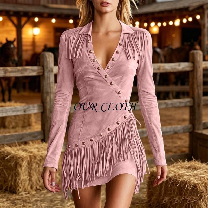 Robe occidentale pour femmes, robe rétro à manches longues à franges, robe soirée Cocktail à fermeture éclair à revers