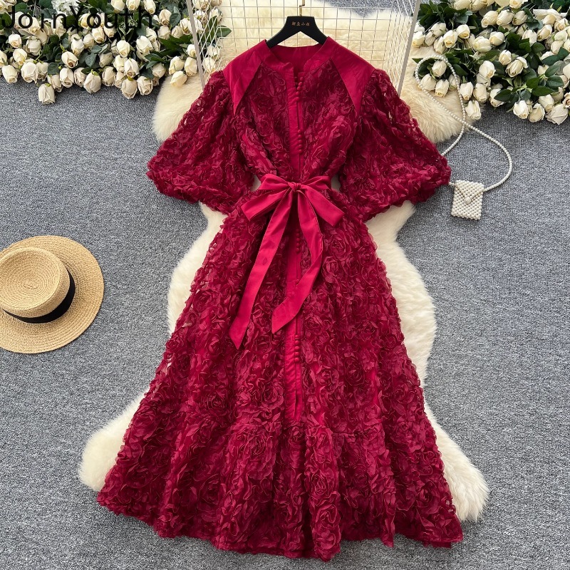 Femme élégante robes lourd 3D Floral doux Chic Robe Femme taille mince simple boutonnage pansement Maxi Robe 2025 robes De Mujer