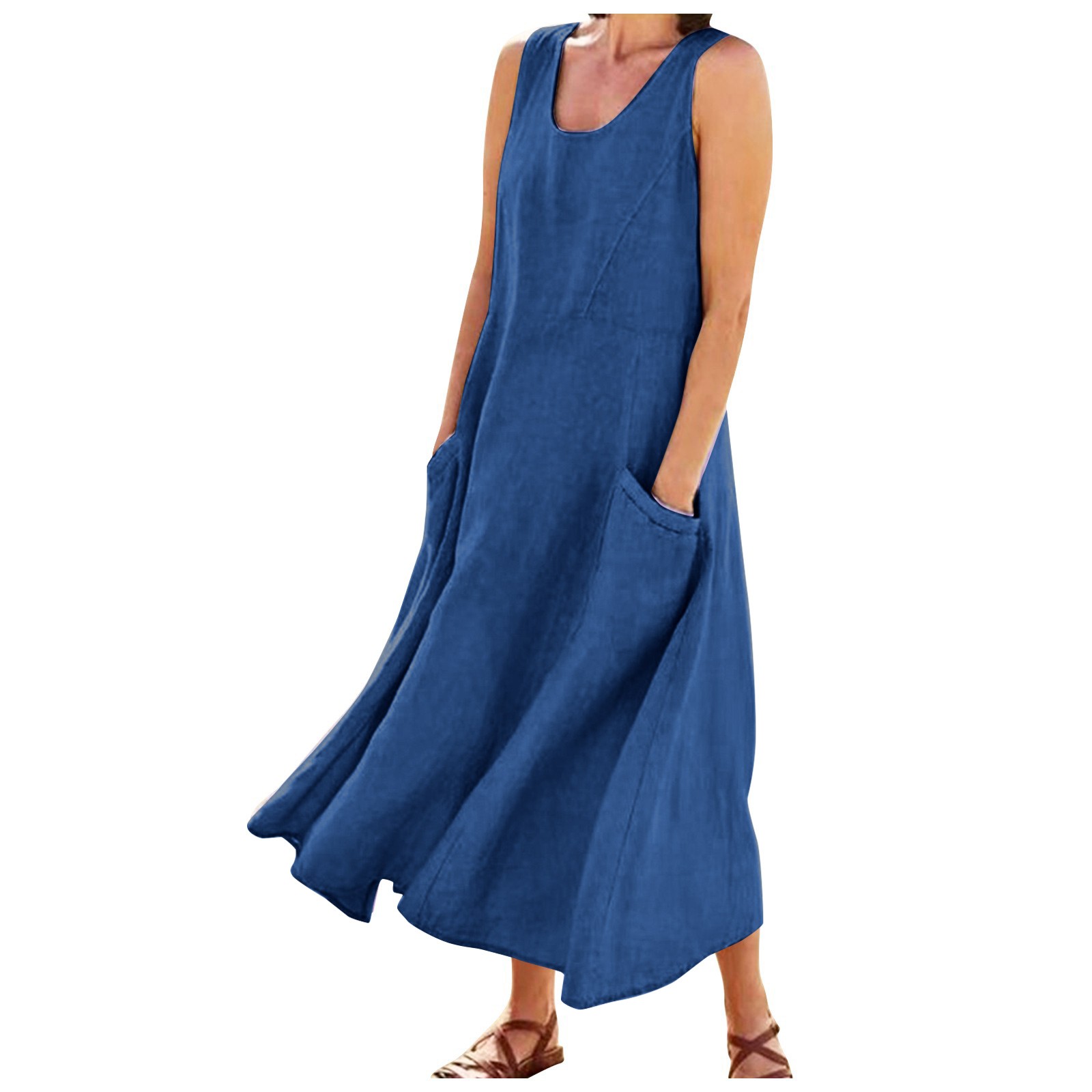 Robe longue vintage en coton et lin pour femme, tenue d'été solide, style bohème, avec poches, grande taille 5XL