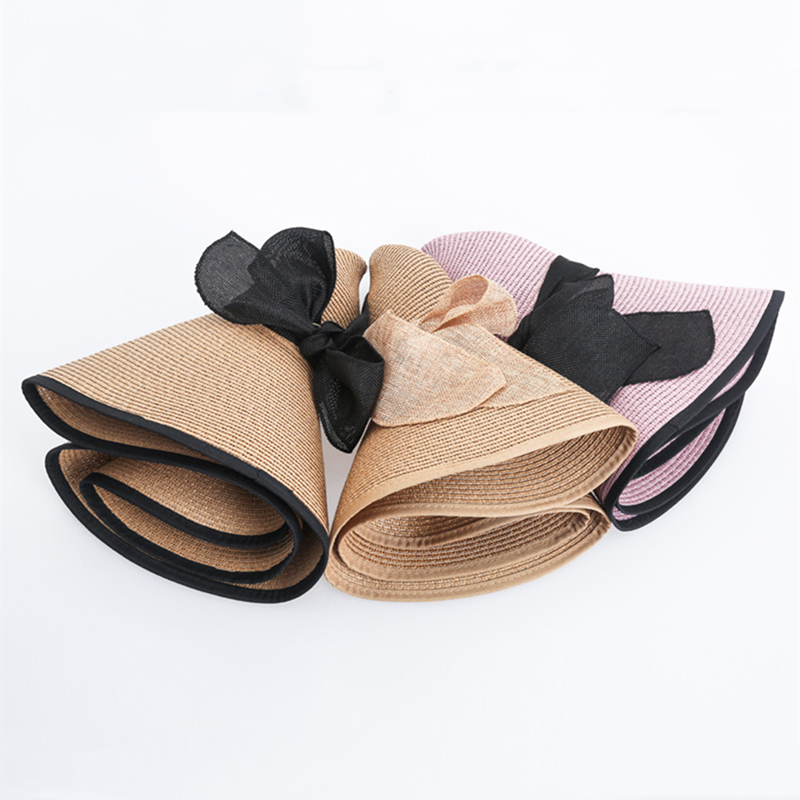 Chapeaux de paille de plage à large bord de 15CM pour femmes, chapeau de soleil Simple et pliable pour sortie d'été, mode Brom plat avec nœud papillon, Protection Uv Panama
