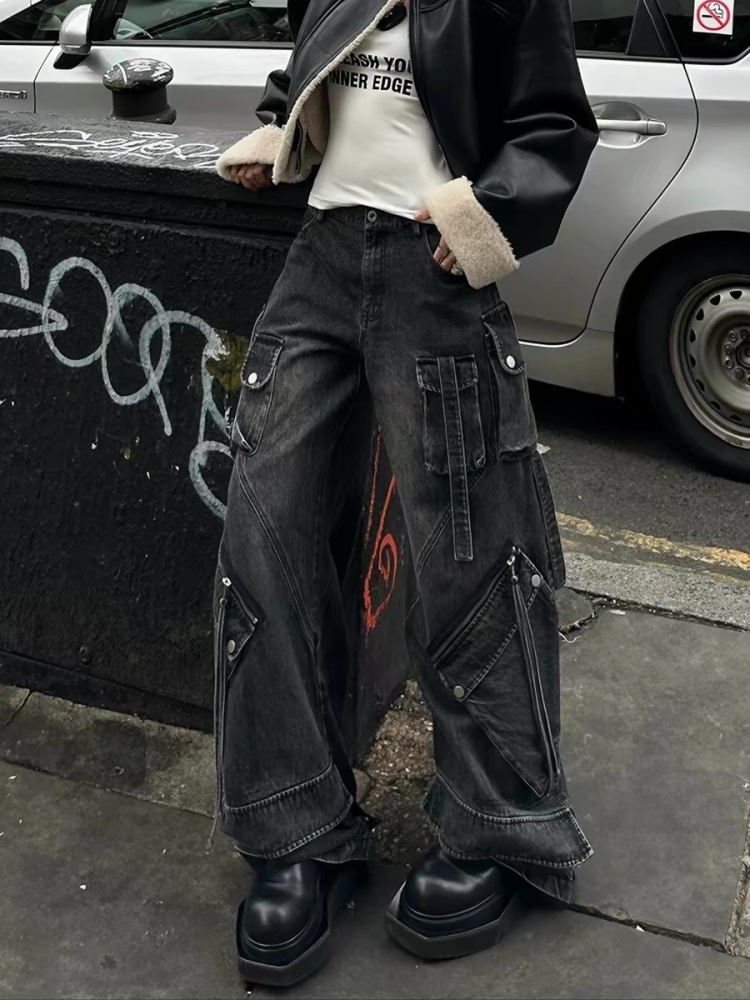 Jean noir pour femmes, pantalon Cargo, Streetwear, taille haute, jambes larges américaines, mode Style Y2K, pantalon droit d'hiver
