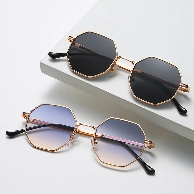 Lunettes de soleil pour femmes, lunettes de soleil en métal polygonales, monture vintage, lunettes de soleil de marque de luxe pour hommes, lunettes de soleil miroir UV400 pour femmes