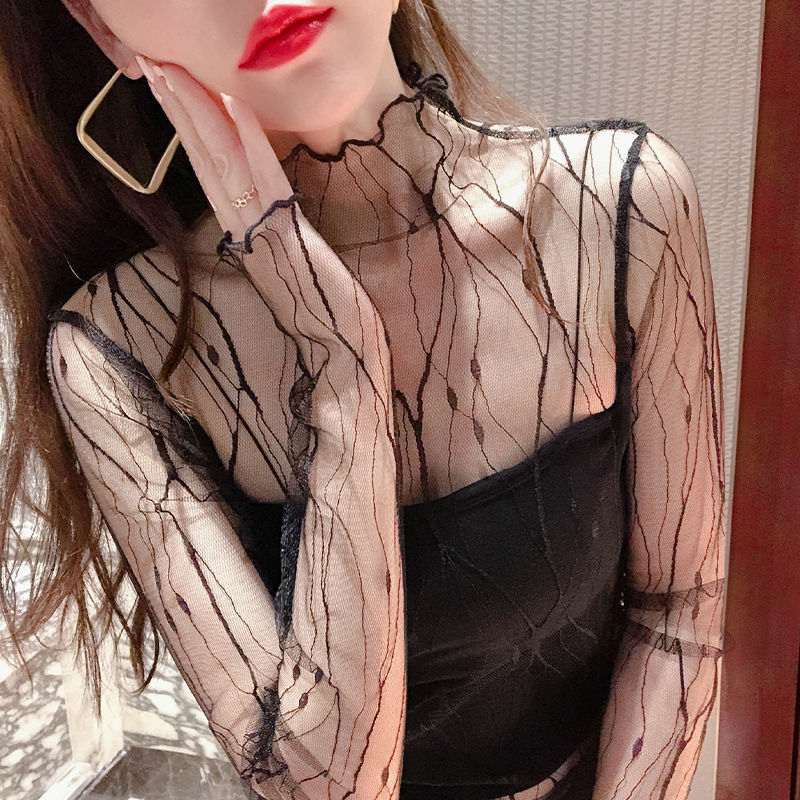 T-shirt en dentelle élégant pour femmes, hauts à manches longues en maille, Sexy, Transparent, col haut, chemises à bascule en dentelle noire, Punk
