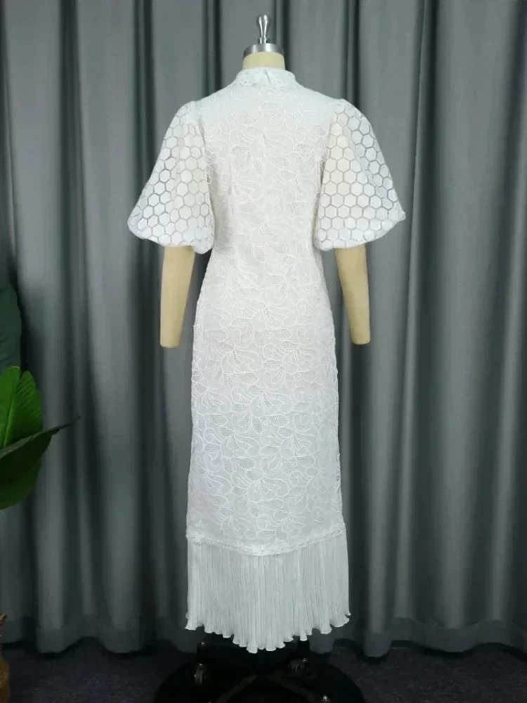 Robes mi-longues en dentelle blanche pour femmes, col rabattu, manches bouffantes, ourlet plissé, vêtements de luxe, élégantes, invités de mariage, occasion