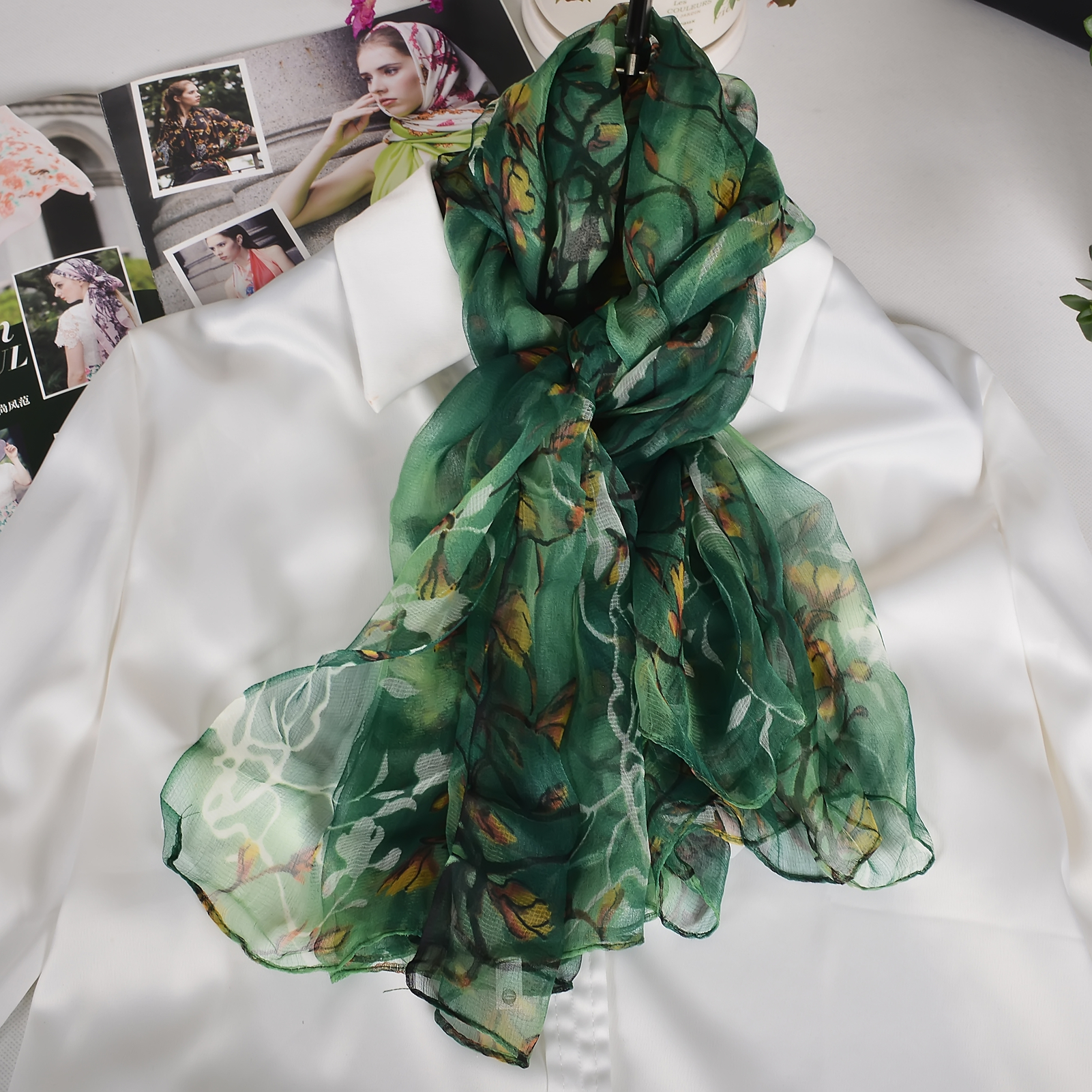[BYSIFA] vert Jade véritable soie longue écharpe pour les femmes élégant Magnolia Design marque 100% soie cou foulards enveloppes pour printemps automne