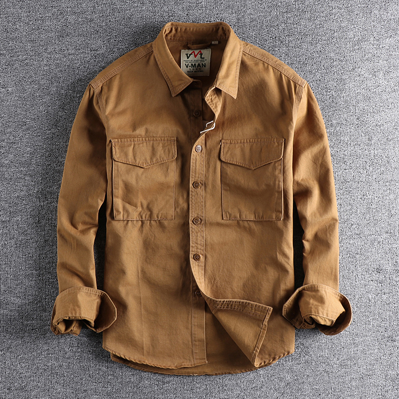 Chemise de travail pour hommes, kaki, lavage rétro, couleur unie, poche tridimensionnelle, tendance, veste ample, nouvelle collection automne 204
