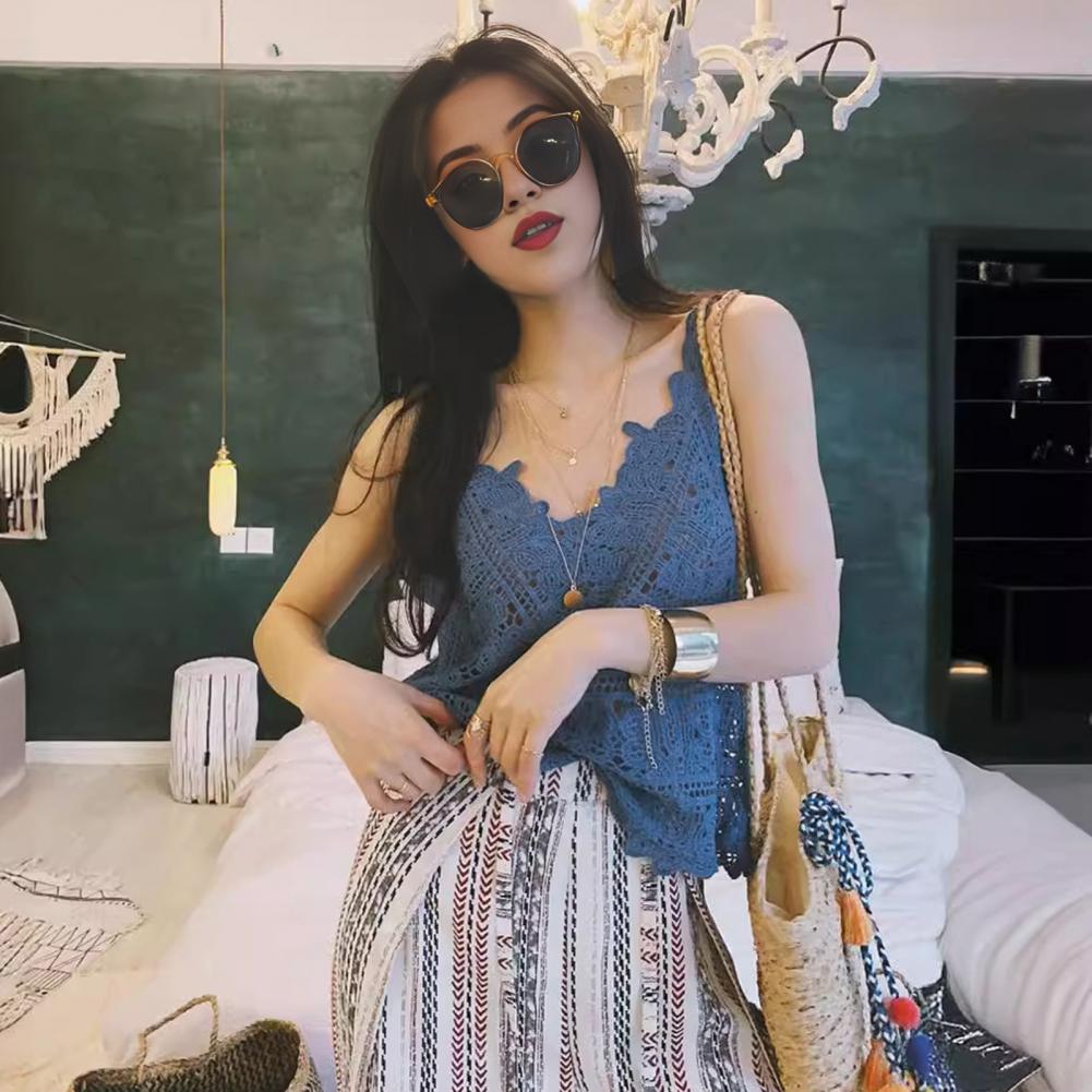 Débardeurs à col en V pour femmes, hauts d'été sans manches en crochet, hauts en dentelle ajourée tricotée, streetwear, ropa de mujer